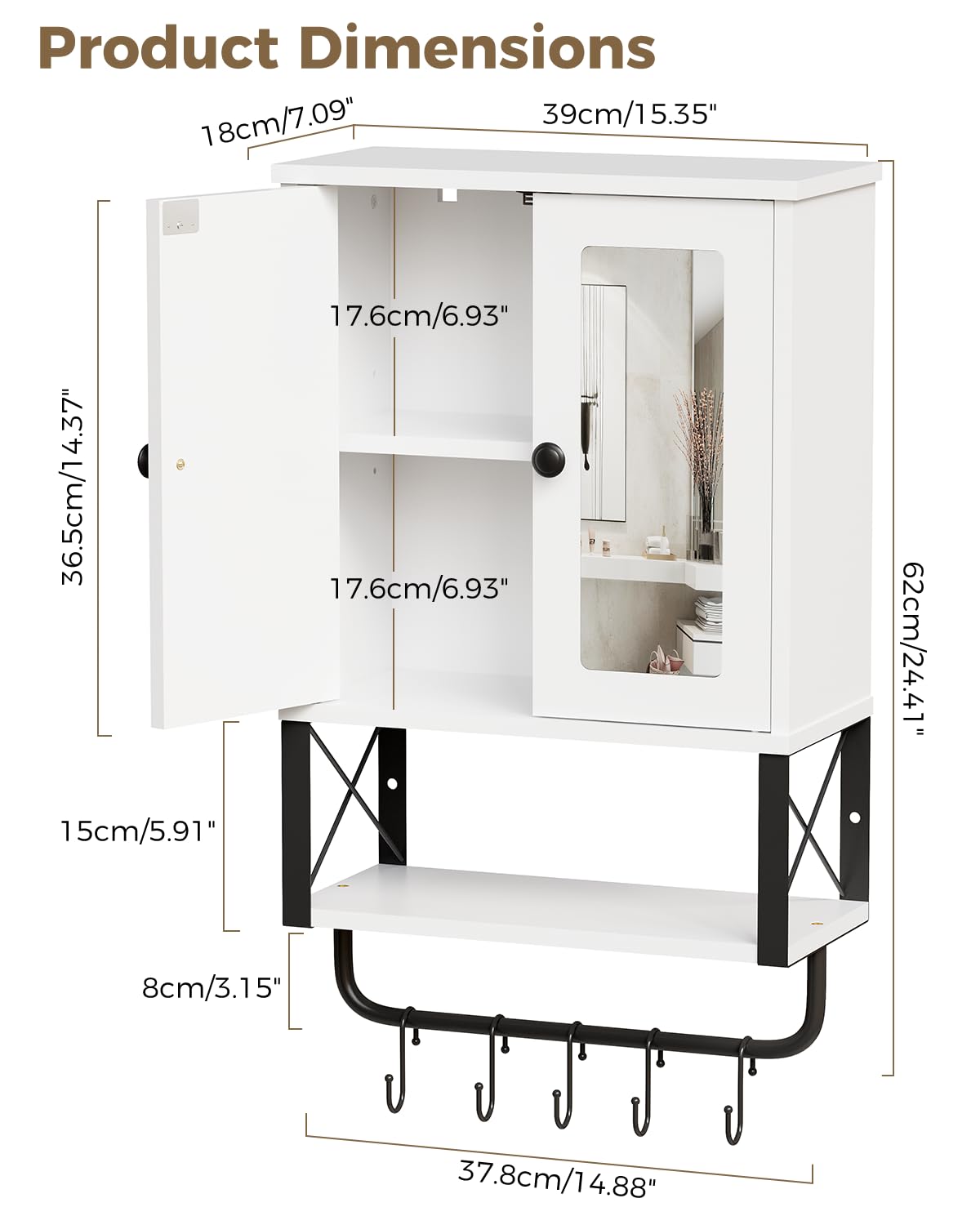 BEWISHOME Bathroom Wall Cabinet with Mirror, Wall Mounted Medicine Cabinet Over The Toilet with Towel Bar and Adjustable Shelf, 7.1" D x 15.4" W x 24.4" H, White YYG10W