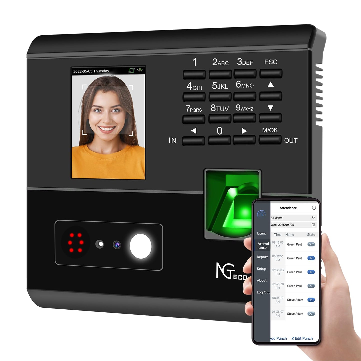NGTeco Time Clock for Small Business, 4-in-1 Employee Attendance Machine with Built-in RFID Cards, Face, Fingerprint & PIN, 2.4GHz WiFi, Mobile App Control, Flexible Shift Management, No Monthly Fee