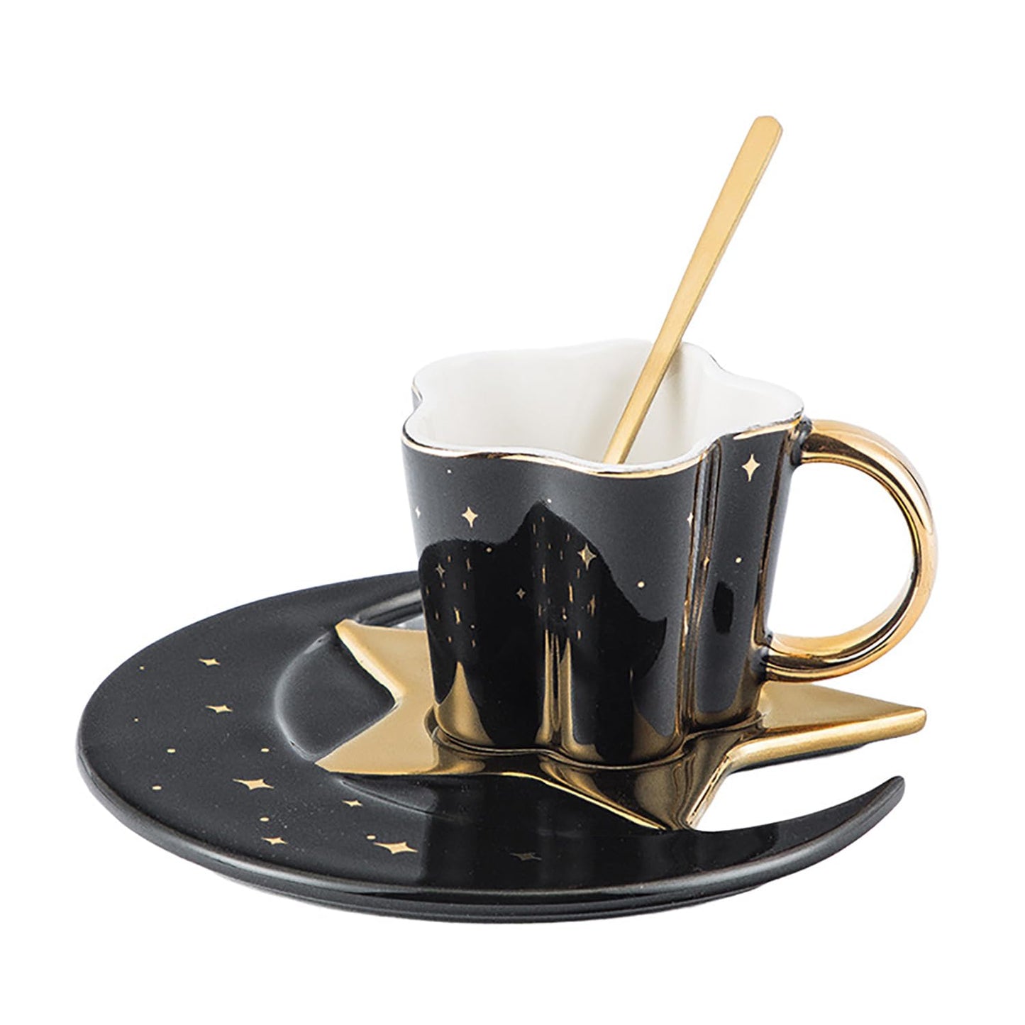 4.2 Ounce Irregular Ceramic Coffee Cup,Gold Plate Handle Mug,Moon and Star Shape Coffee Tea Cup and Saucer Sets with spoon,for Cappuccino,Tea,Cocoa,Cereal,Hot Chocolate (Black with Golden)