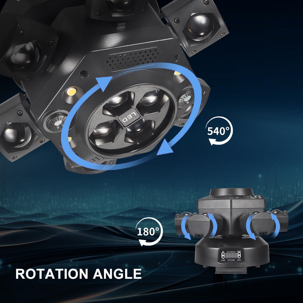 Moving Head DJ Lights, Rualin 150W LED Stage Light 4 in 1 with RGBW 6 Arms Beam, Bee-Eye Light, Red Green Starry and White Amber Strobe, Remote & DMX Control for Disco Club Party DJ Stage Lighting