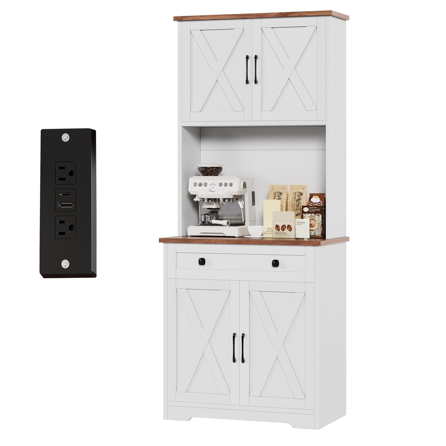 Garvee 71" Pantry Cabinet with Charging Station, Tall Kitchen Pantry Storage Cabinet with Microwave Stand, Large Farmhouse Kitchen Hutch with Cabinet Doors & Drawer for Living Room, Dining Room