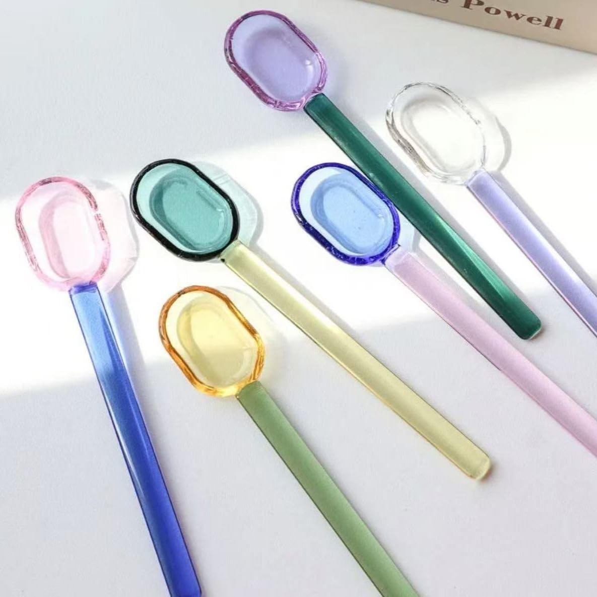 Glass Spoons 5/6 Pieces - 6.1 inch Crystal Coffee Teaspoons, Heat Resistant Long Handle Glass Drink Stirrers, Colored Translucent Spoons for Tea, Sugar, Yogurt, Dessert, Soup, Home Bar Party (6)