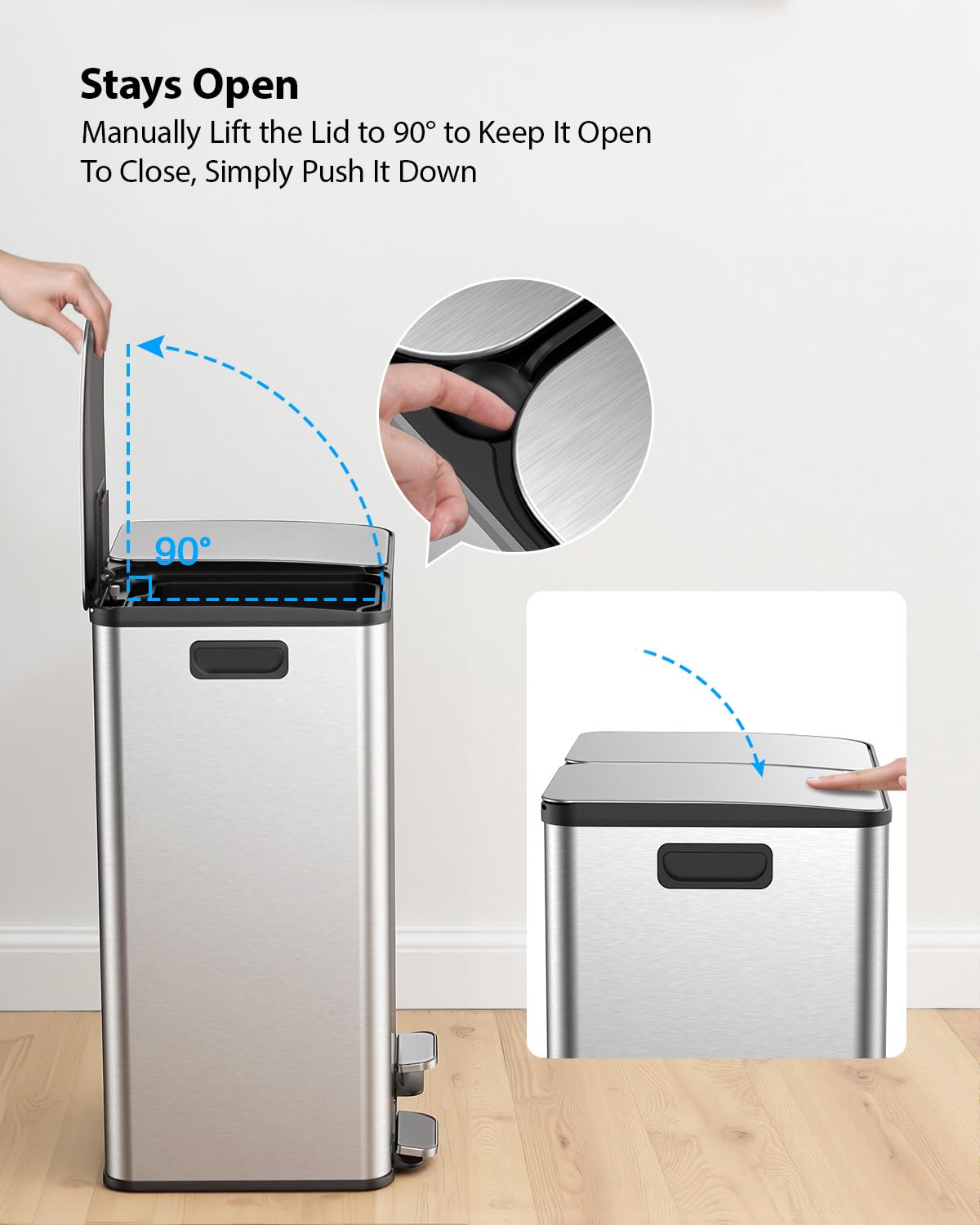Lovewind Kitchen Trash Can, 2 x 8 Gallon (2 x 30 L) Stainless Steel Trash and Recycle Bin Combo with Soft-Close Lid, Dual Compartment Recycling Kitchen Step Trash Bin, Silver
