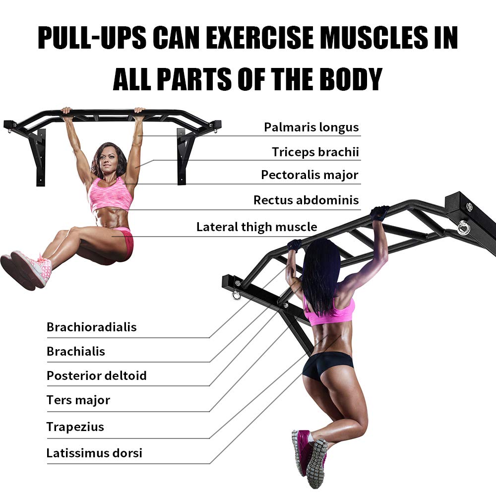BESTHLS Wall Mounted Pull Up Bar Multi-Grip Chin Up Bar Strength Training Pull-up Bars with Hanger Rings for Punching Bags, Power Ropes for Home Gym