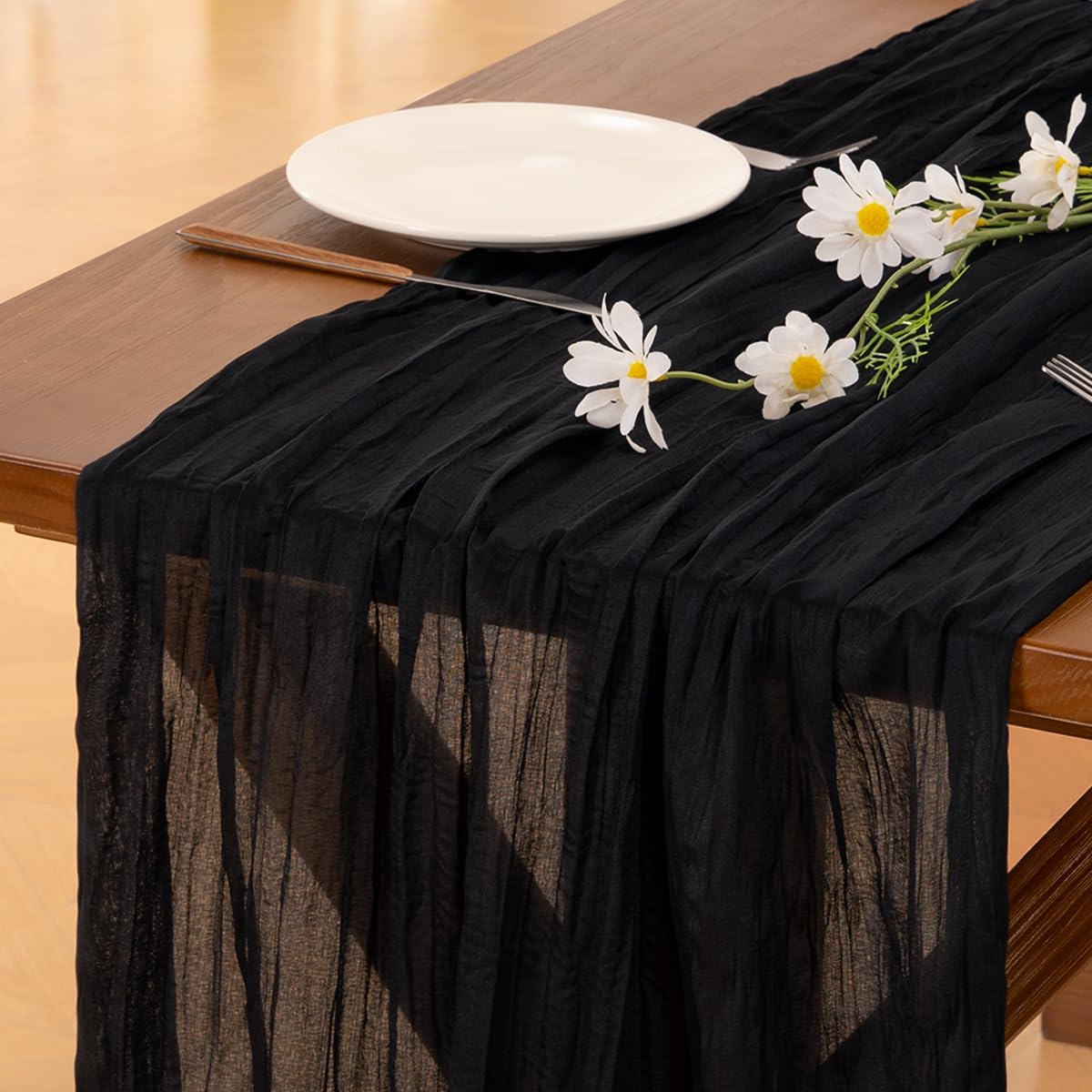 Socomi Black Cheesecloth Table Runner - 120 Inch Boho Rustic Decor for Weddings & Events