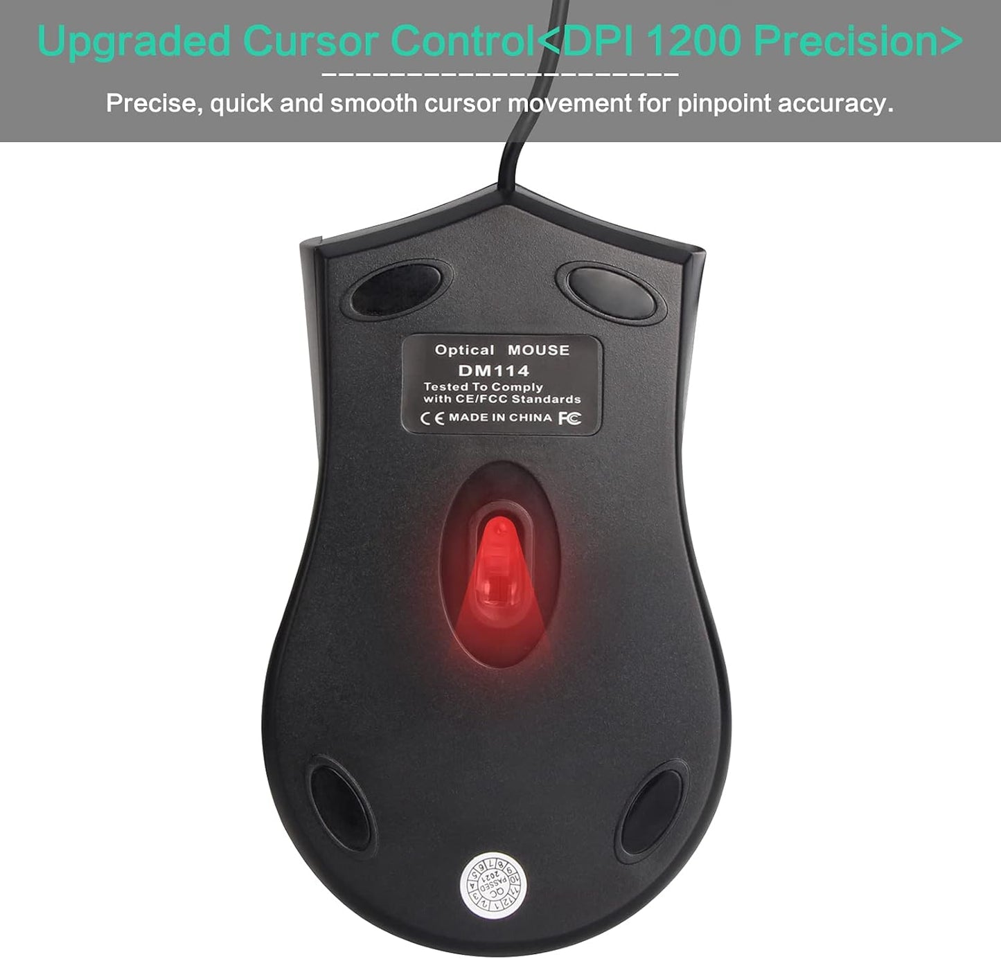 VCOM 6-Foot 1200 Wired USB Mouse with Cord, DPI, Right or Left Hand Use, Ergonomic Design, Black