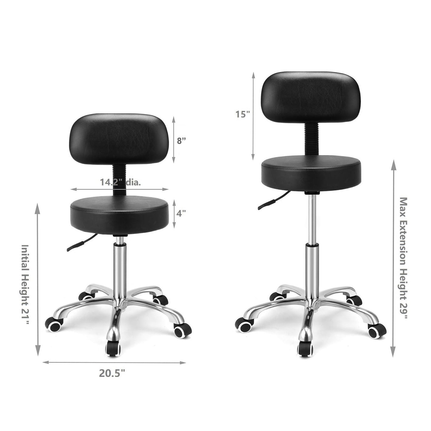Kaleurrier Rolling Stools with Back Rest, Swivel Adjustable Heavy Duty Stool Chair for Hair Beauty Salon Kitchen Bar Counter Medical Barber Garage Shop Office Use - with Wheels(Black)