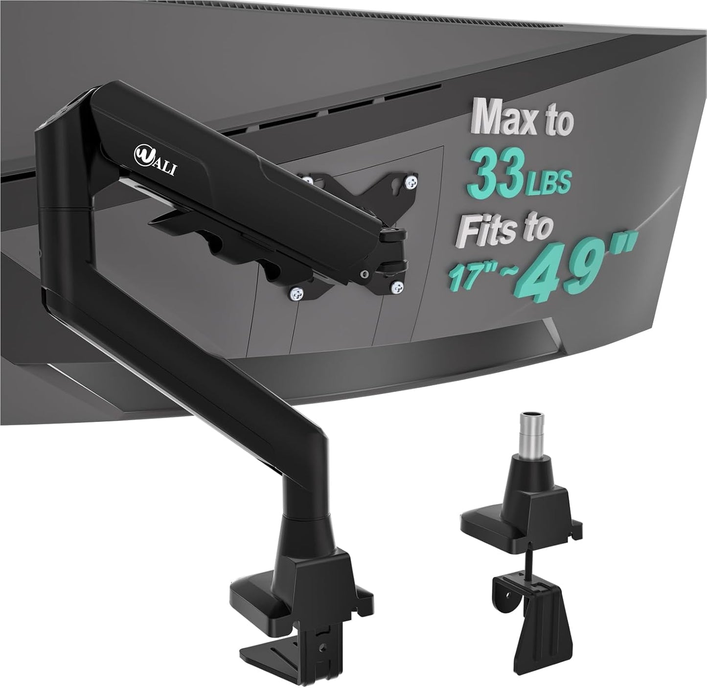 WALI 17-49 Inch 33 Lbs, 75/100mm (GSM001XLN), Heavy Duty Single Monitor Arm for Flat Curved Ultrawide Screens, up