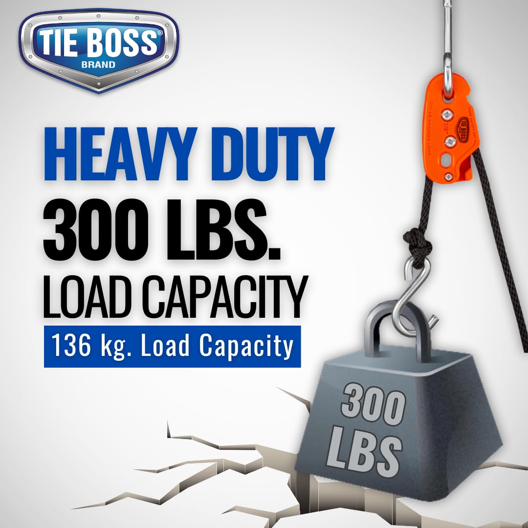 Tie Boss - 3/8 Inch, Heavy Duty, (300 lbs Working Load Limit), Weather Resistant, Tie Down, Rope Tightening System, (w/15 ft Rope) - Orange