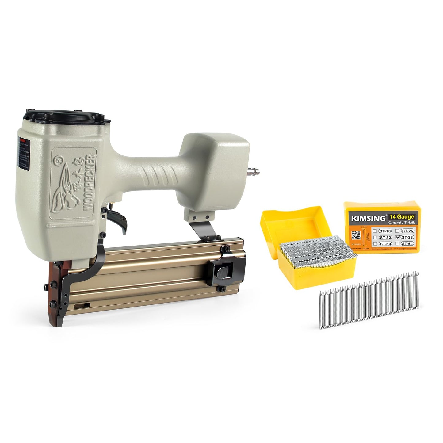 WOODPECKER ST64 Pneumatic Concrete T Nailer Kit with 1-1/2-Inch (38mm) T Nails × 800PCS