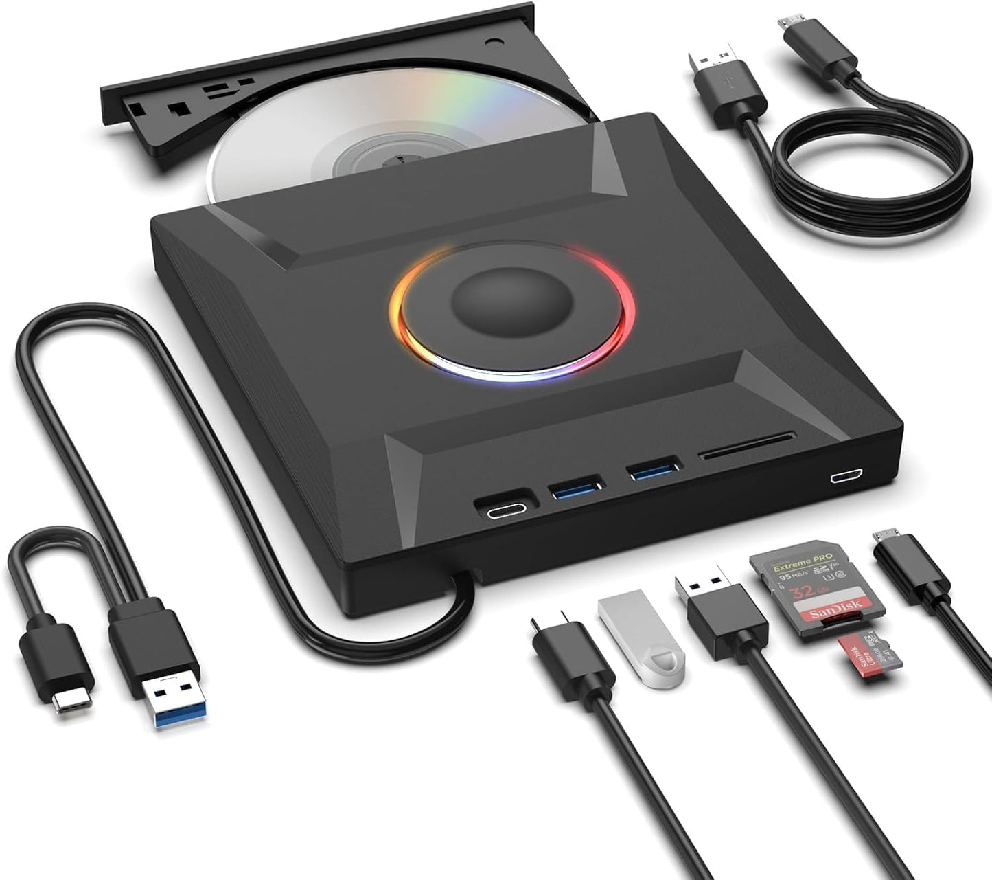 ASHDOL Drive,7 1 3.0 External CD DVD in USB and Type-C Disc Reader Writer Burner Player,Slim and Portable CD DVD +/-RW
