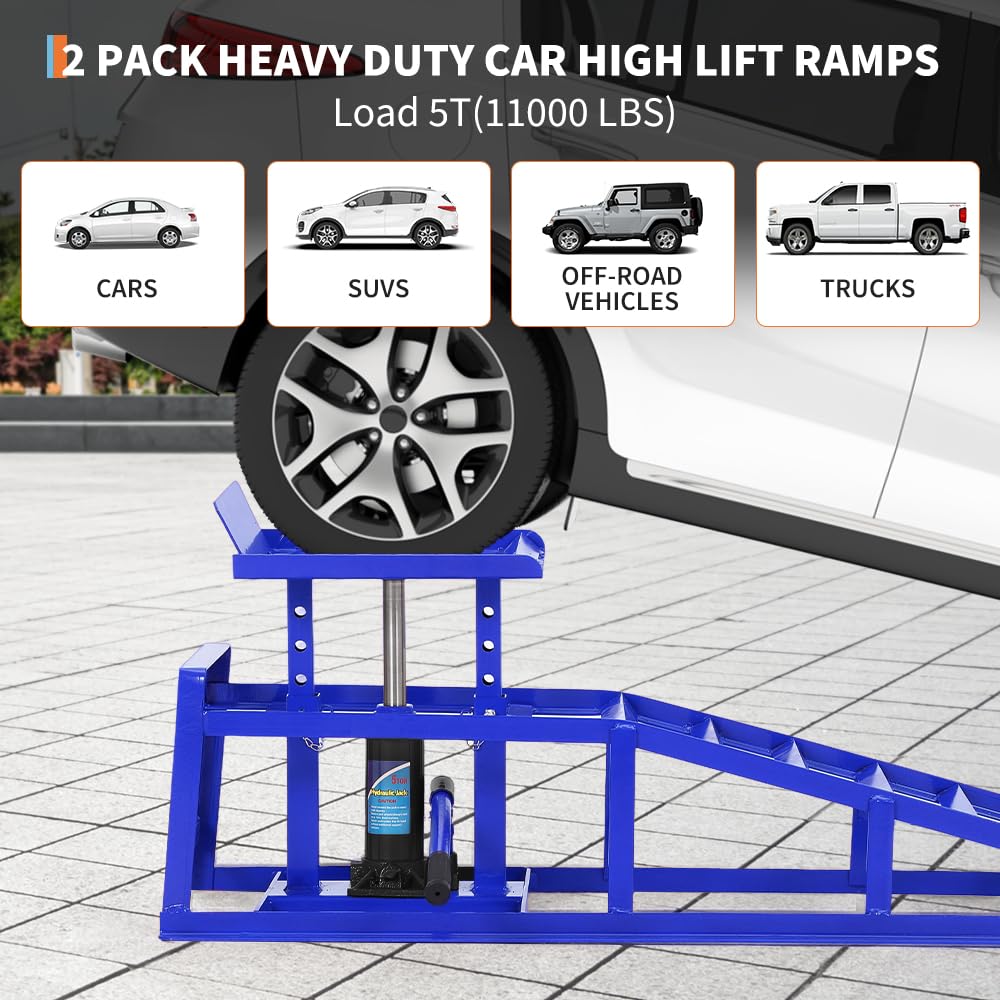 2PCS Hydraulic Car and Truck Service Ramps,11023 LBS (5 T) Capacity, Portable Lifts Ramps for Oil Changes, Adjustable Lift Height 9.8 in to 16.21 in, Home Garage,Vehicle Auto Garage Repair (Blue 5 T)