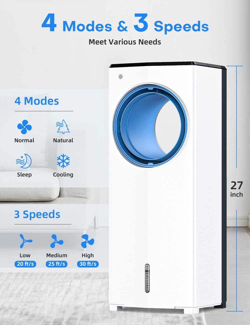 CENSTECH Windowless Air Conditioner, 27" Bladeless Evaporative Air Cooler with 4 Modes & 3 Speeds, Double Tanks for 24H Cooling, 25FT Remote, 7H Timer, 360° Swing Portable Swamp Cooler Air Conditioner