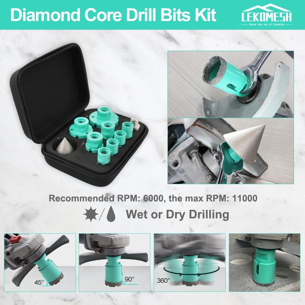 Diamond Hole Saw Kit - 10PCS Tile Core Drill Bits Set for Porcelain Ceramic Granite Marble, Includes 6-65mm Bits, Finger Bit, Chamfer Bit & Adapter, 5/8"-11 Thread