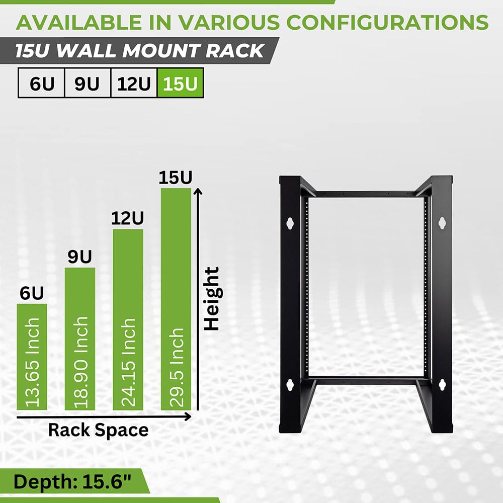 NavePoint 15U Wall Mount Rack - Server Rack for 19 Inch IT Equipment Open Frame Rack – Network Rack for AV & Server Equipment 16” Deep Rack, Black