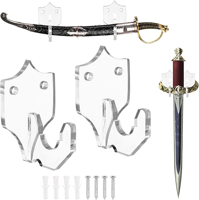 uxcell 2 Pcs Sword Holder Wall Mount Sword Racks Acrylic Wall Sword Display Hanger with Mounting Tools for Knife Martial Arts Sword Placement Display,Transparent (Shield)