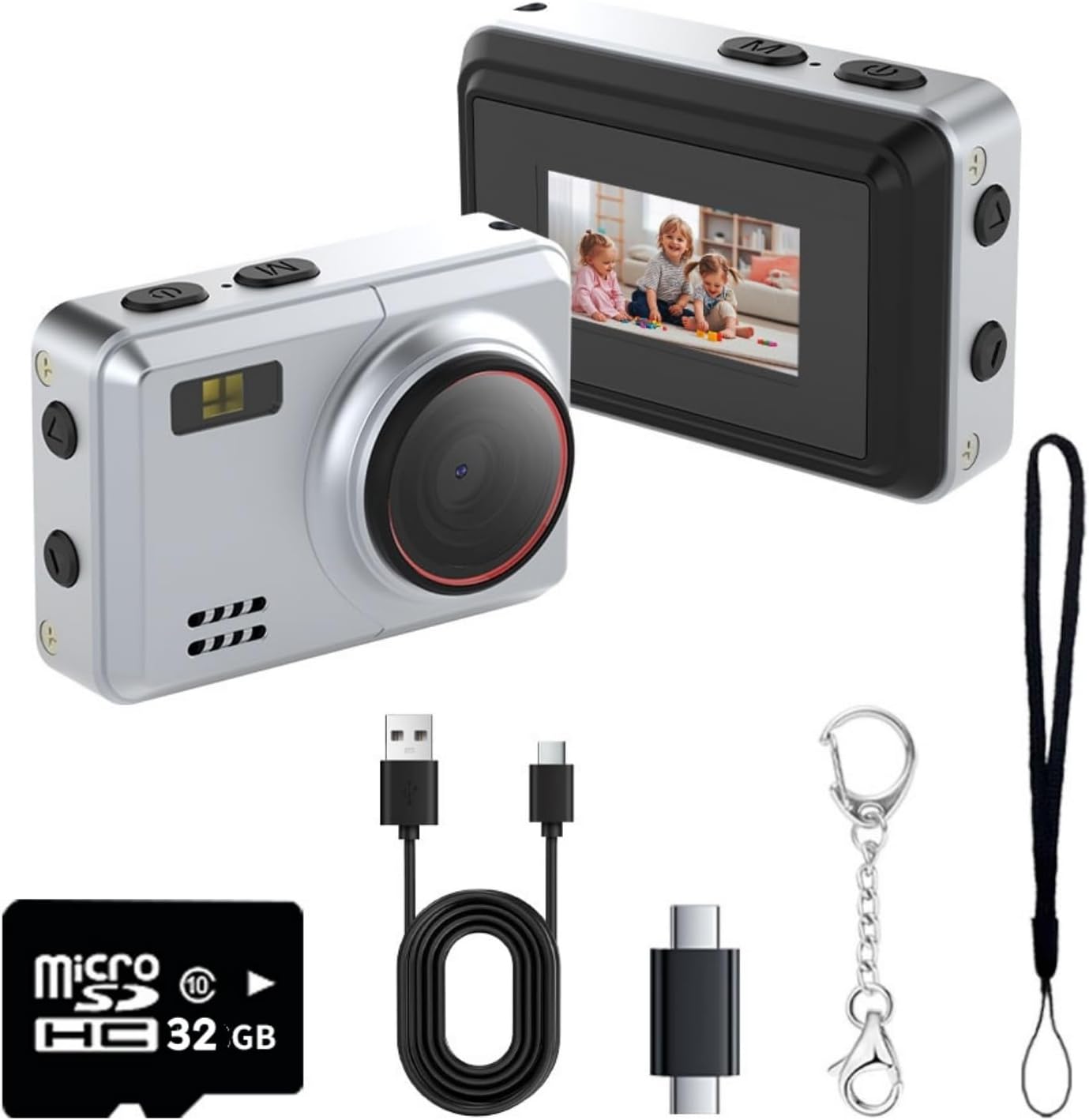 WANDMANICOS 1080P 32GB 0.96IPS Retro Mini Digital Camera HD Video RecorderPortable Keychain Video Camera with Card
