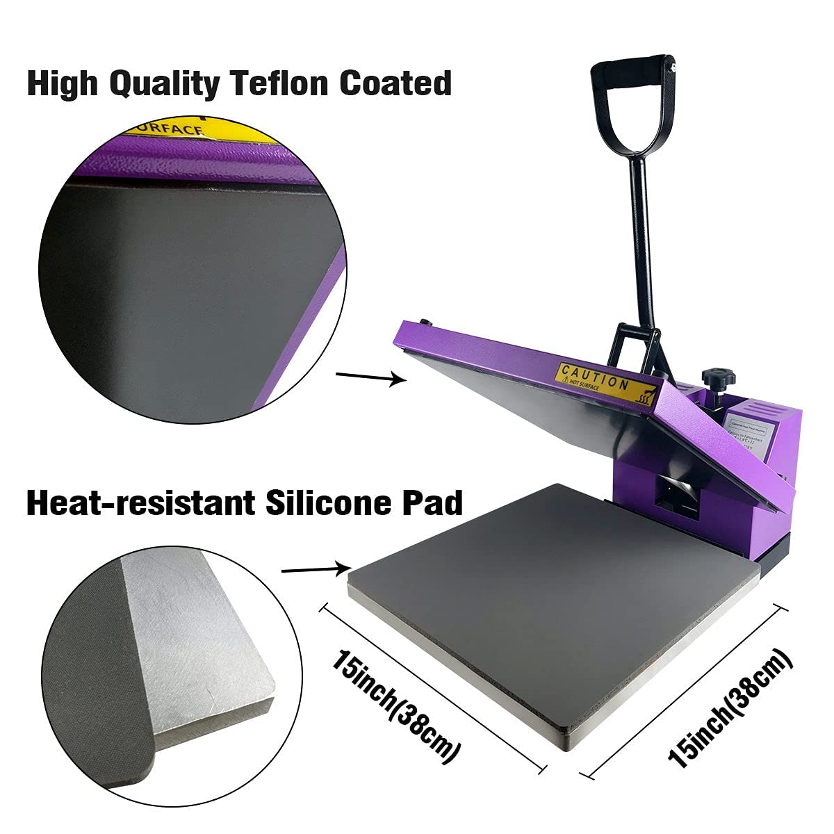 BetterSub 15‘’x15‘’ Industrial Heat Press Machine for T-Shirts, Sublimation, Transfers – Digital LCD Control, Teflon Surface, Clamshell Design, Safe & Durable - Purple