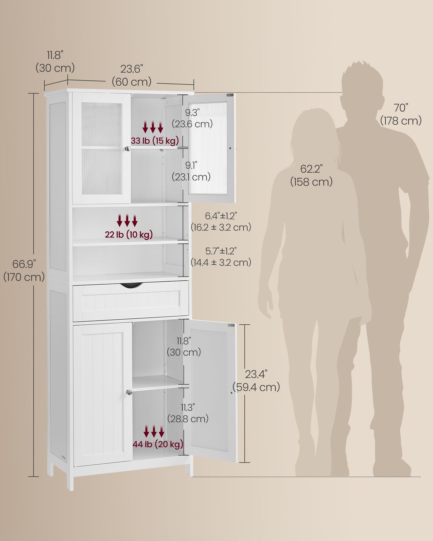 VASAGLE Storage Cabinet, Freestanding Storage Unit with Adjustable Shelves, Drawer, Open Compartments, for Bathroom, Living Room, Kitchen, Cloud White UBBC768WH01S