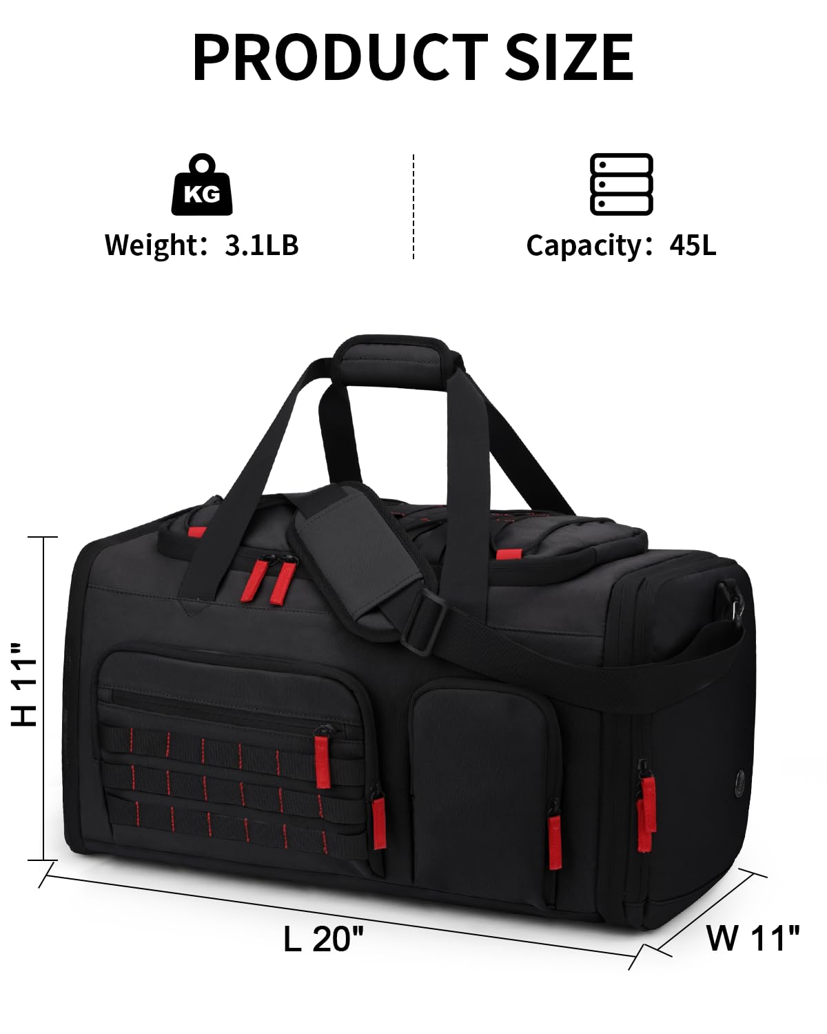 DD DEVILLI Gym Bags for Men Women, 45L Sports Travel Duffle Bag with Shoe Compartment, 3 in 1 Weekener Overnight Backpack with Wet Pocket, Black