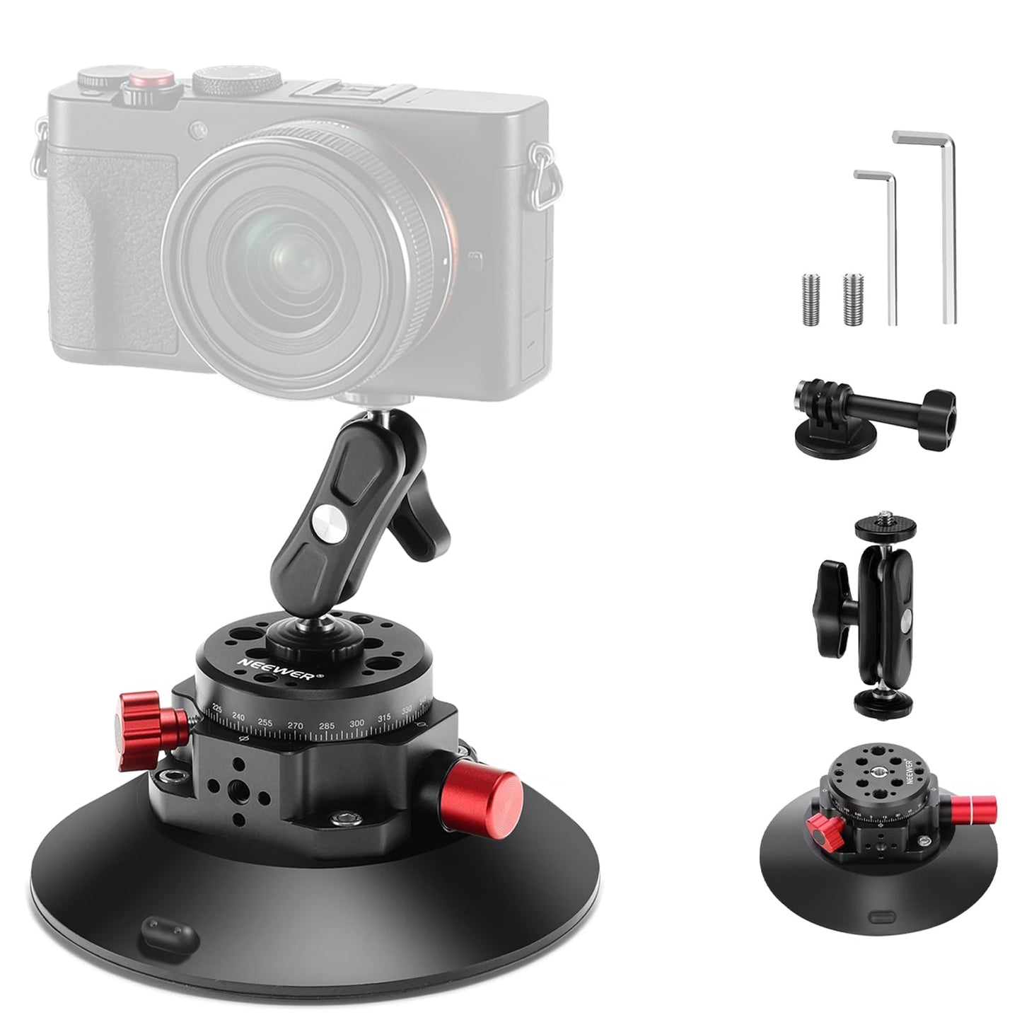 NEEWER 6"/15.2cm Camera Suction Cup Mount with Ball Head Magic Arm, Metal Suction Cup Mount on Car Windshield Dash for Camera/Action Camera/Phone Holder, with 1/4" & 3/8" Mounting Holes for ARRI