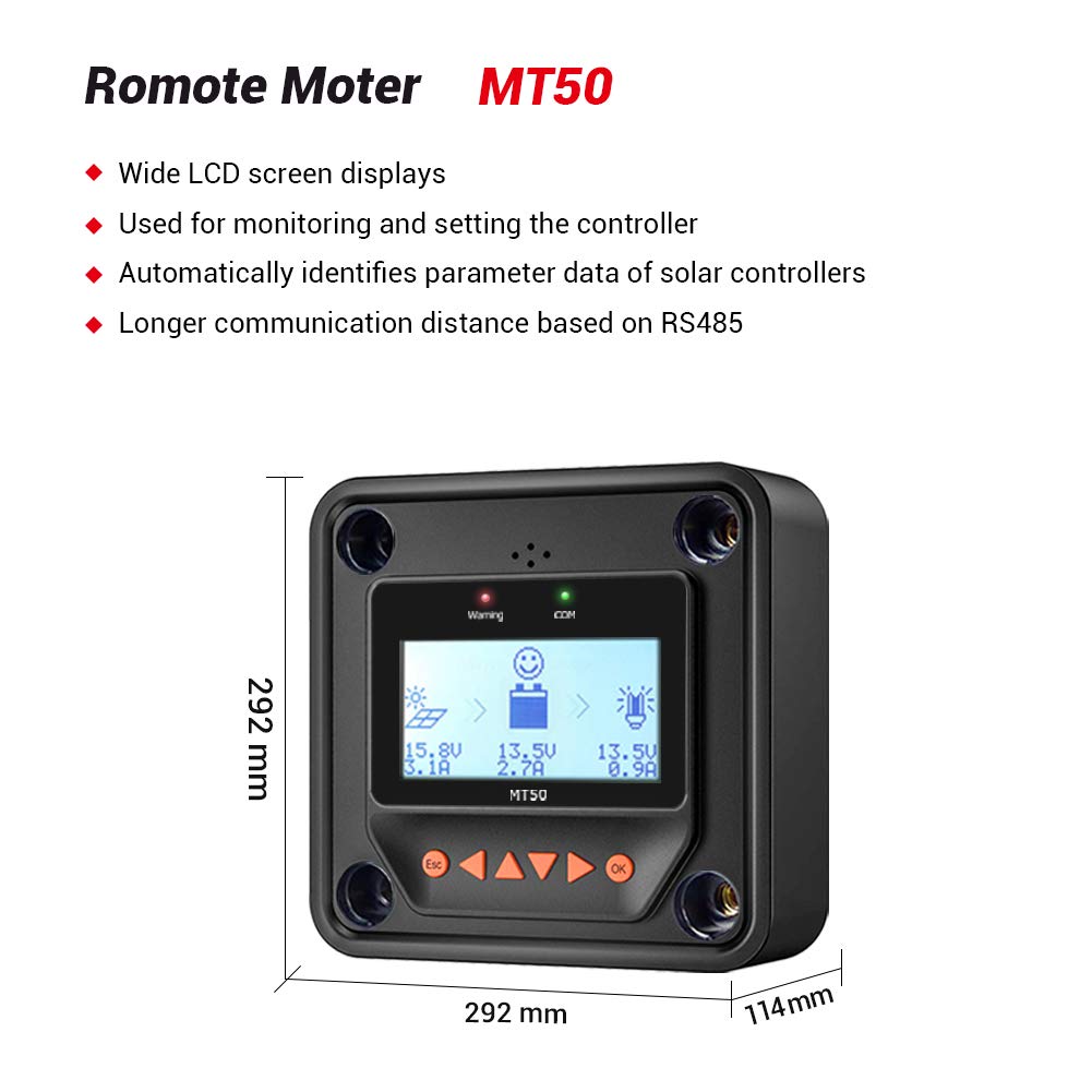 EPEVER 10A Solar Charge Controller MPPT 12V / 24V Auto Max.PV 100V Input Negative Ground Solar Panel Charge Regulator with MT50 Remote Meter Temperature Sensor RTS & PC Communication Cable RS485