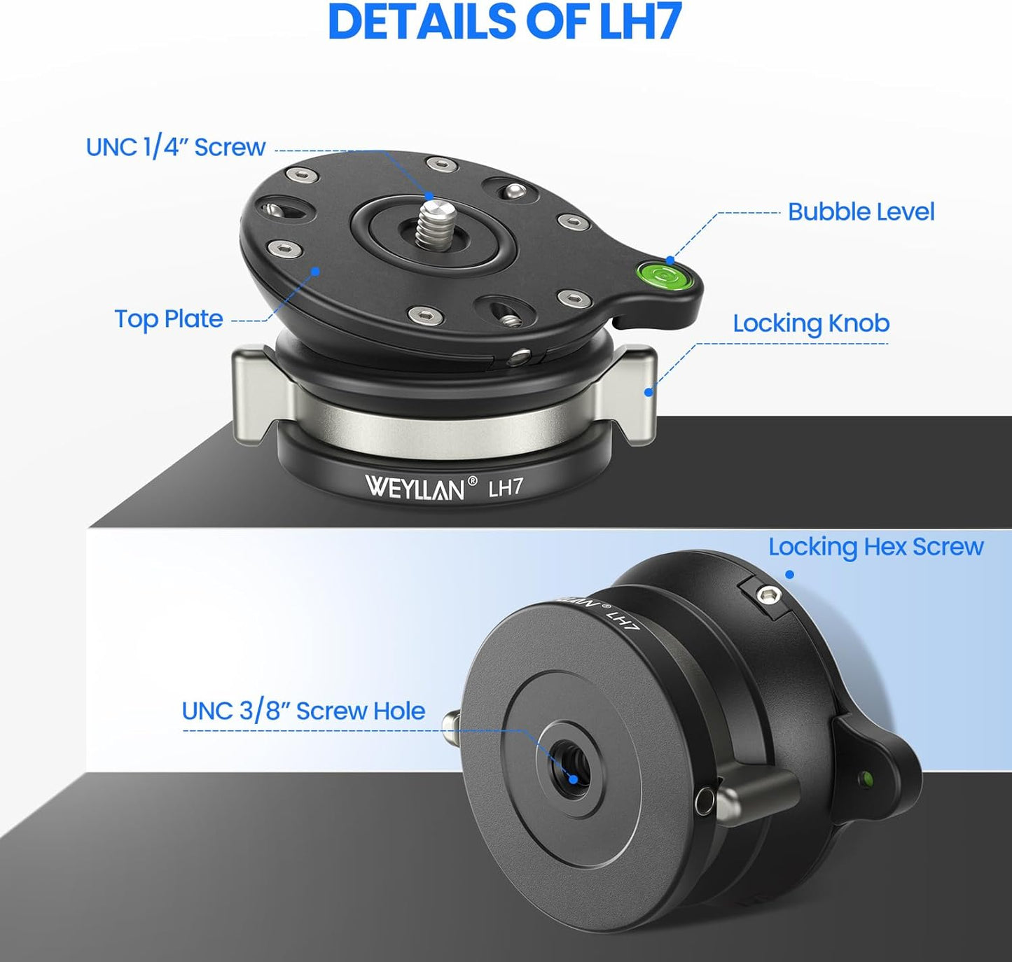 WEYLLAN LH7 1/4'' 3/8" 10kg/22lbs Leveling Head Tripod Leveling Base for Camera Tripod Leveler Aluminum Alloy Tripod