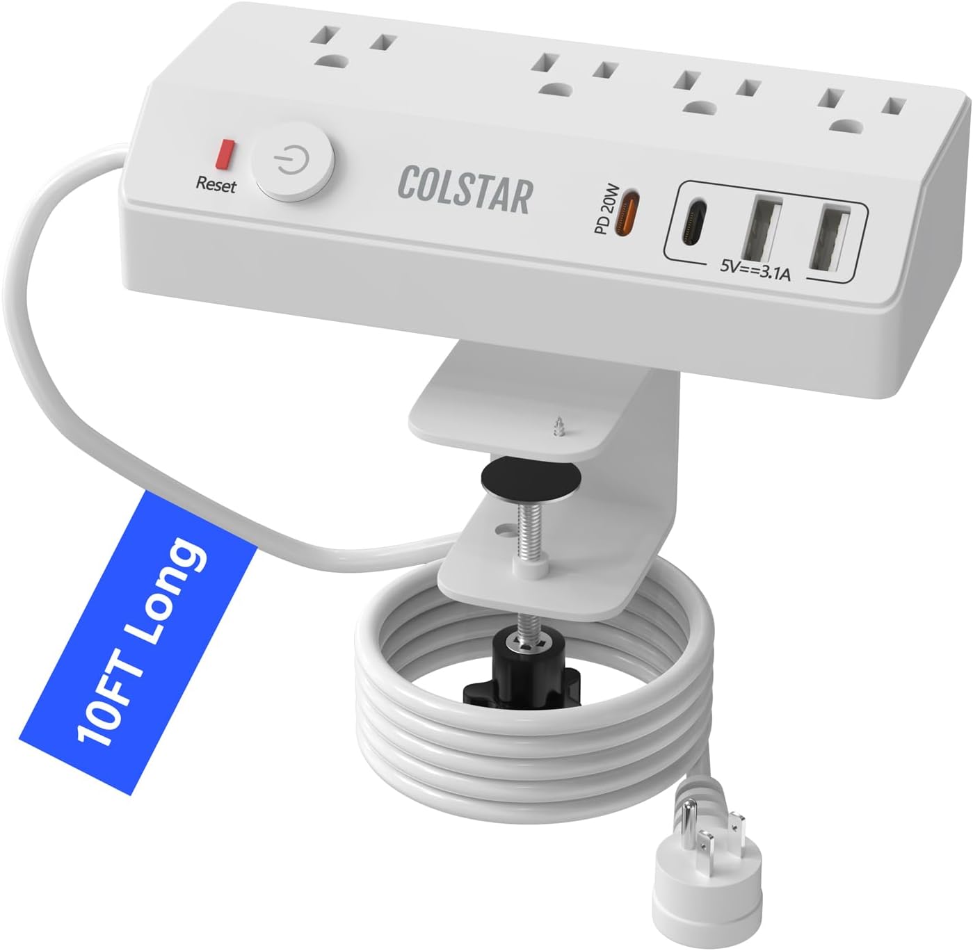 colstar 20W 10FT Desk Clamp Power Strip with USB, USB C Fast Charging, Clamps Securely to Desk Edge, Flat Plug