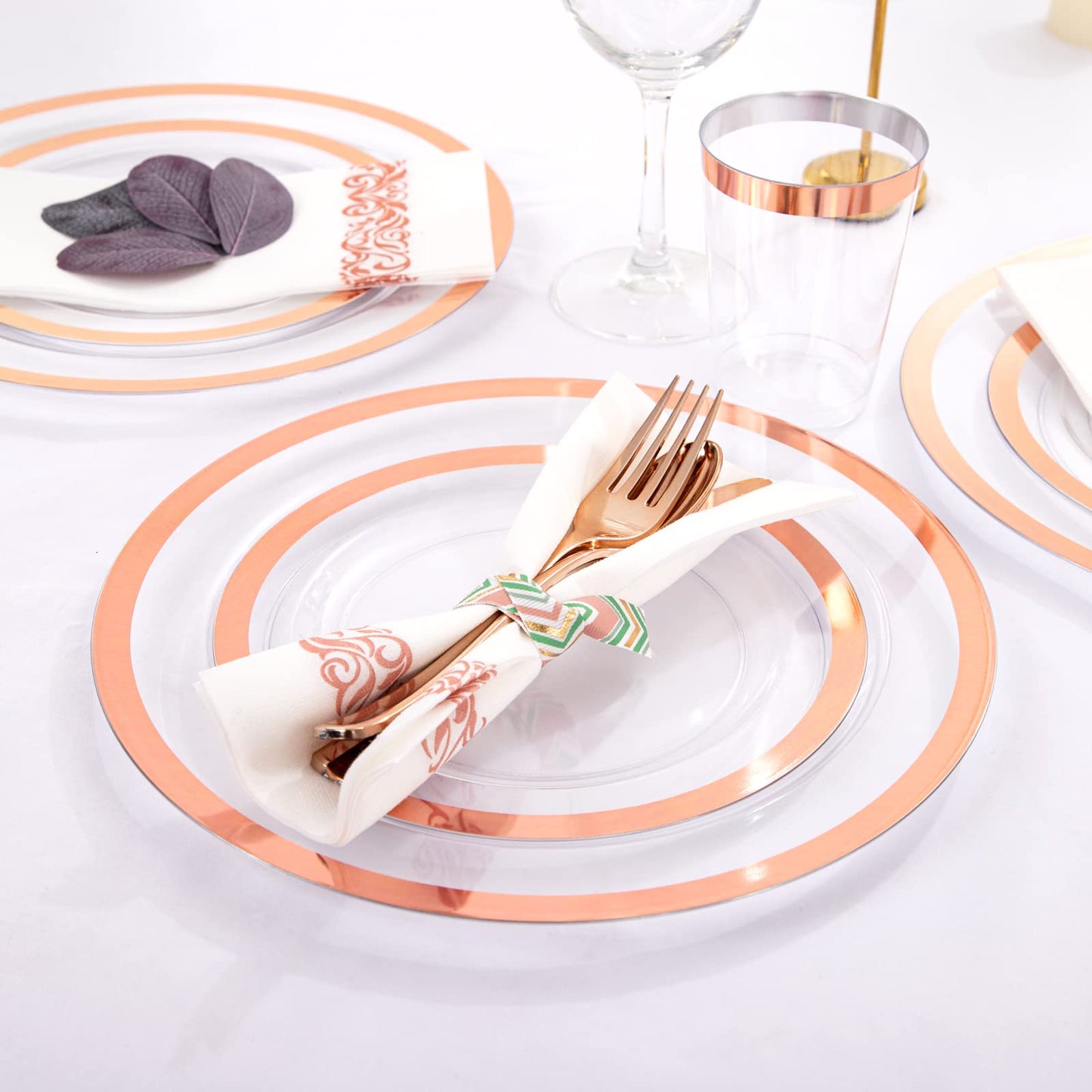 YOUBET 175PCS Rose Gold Plastic Plates - Clear Plastic Plates Disposable with Rose Gold Rim includes 50 Plates, 25Forks, 25Knives, 25Spoons, 25Cups, 25Napkins for Party & Wedding