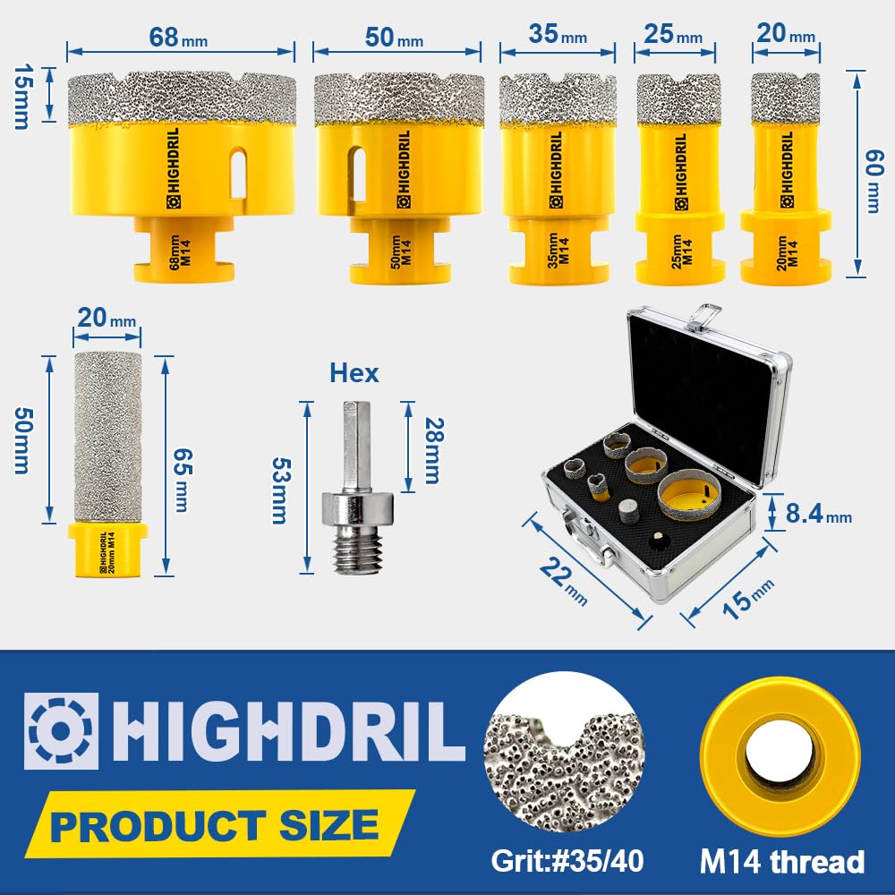 HIGHDRIL Diamond Drill Bits Kit with 5/8-11 for Porcelain Tile Ceramic Marble Brick Concrete Vacuum Brazed Hole Saw and HIGHDRIL Diamond Drill Bits Kit with 5/8-11