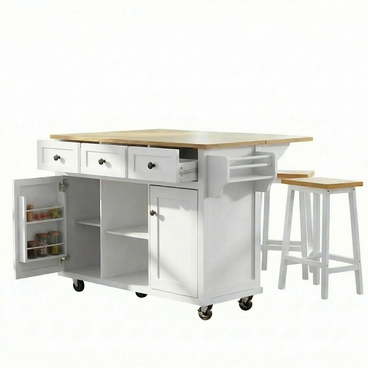 Waully 53'' Mobile Kitchen Island with Seating, Rolling Kitchen Island with Storage and Drop Leaf, 3 Drawers Islands Cart Rubberwood Top, 2 Open Shelves, Isla para Cocina, White + 2 StooIs