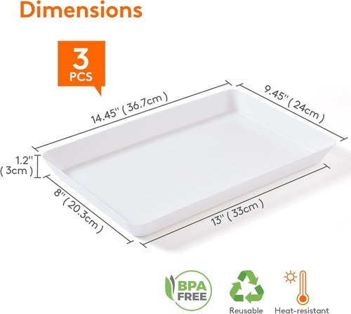 Lifewit Plastic Serving Tray - Reusable Large Platter for Parties | 14.5" x 9.5", White, Set of 3