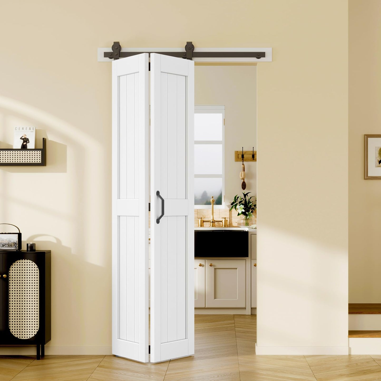 Easelife Bifold Barn Door 42'' x 84'',Bi-Fold Sliding Closet Doors with Hardware Kit Included,46'' Track Kit for 2 Doors,Waterproof, Pre-Drilled Holes Easy Assembly,White