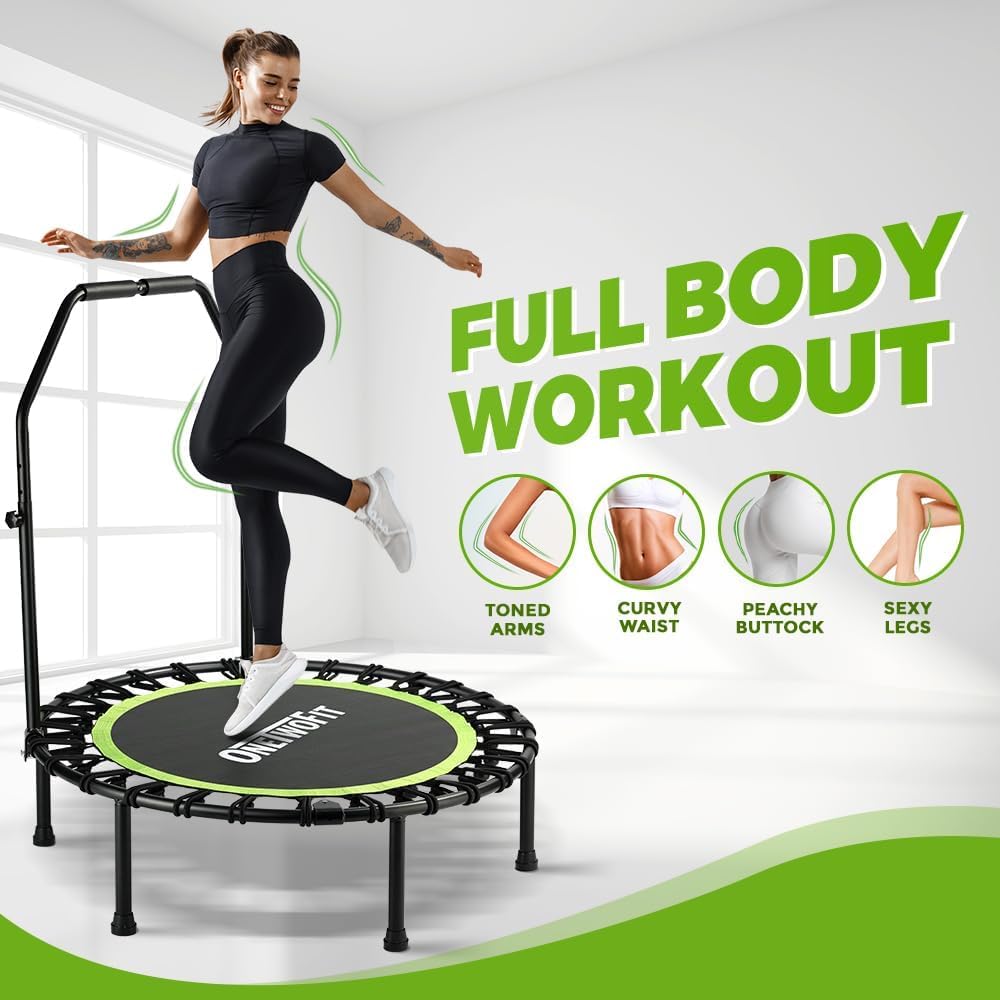 ONETWOFIT Foldable Rebounder Trampoline for Adults, 40/42/45” Mini Fitness Trampoline W/Adjustable Foam Handle Bungees, Quiet Exercise Trampoline for Personal Indoor Workout (45IN-with Handle)