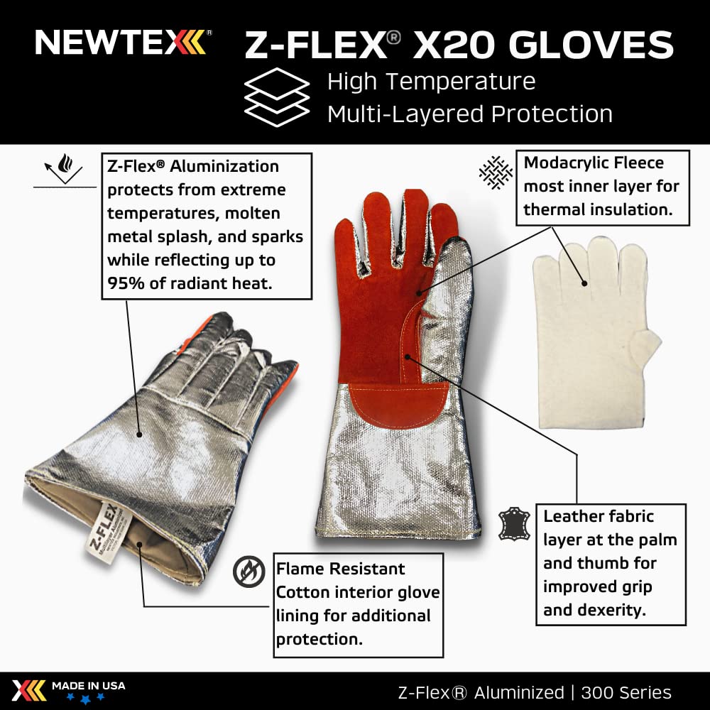 Newtex Z-Flex X20 Aluminized Heat Resistant Gloves – Leather Palm – Radiant Heat & Molten Metal Protection – Foundry, Furnace, Welding Industrial Safety Gloves – 14 Inch PPE