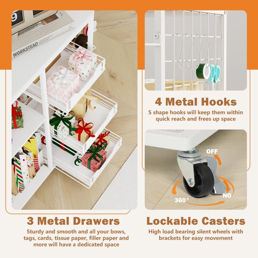 Wrapping Paper Organizer - Rolling Gift Wrap Cart with Wheels, 20 Roll Holders & 3 Drawers | White