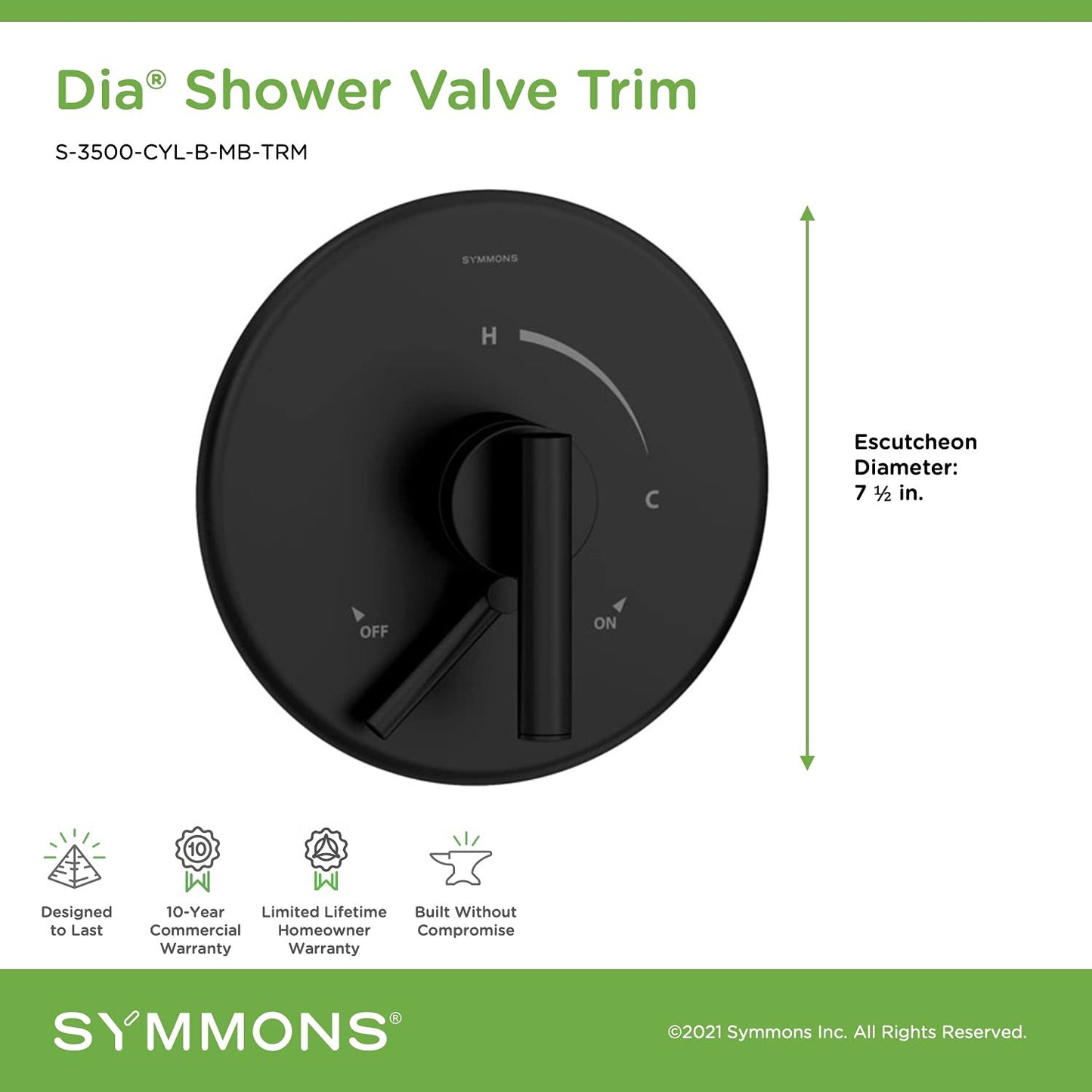Symmons S-3500-CYL-B-MB-TRM Dia Shower Valve Trim in Matte Black (Valve Not Included)