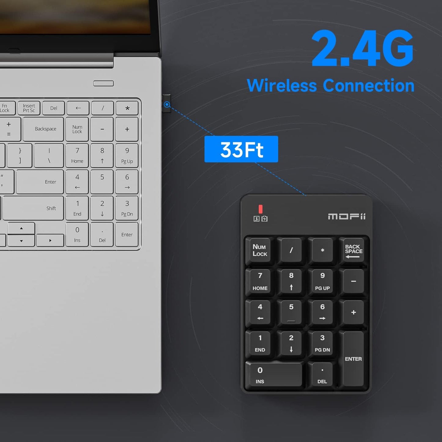 MOFII 2.4G 19 Accounting 10 Number Pad - Black Wireless Numeric Keypad Silent Keys USB Keypads, Portable Financial