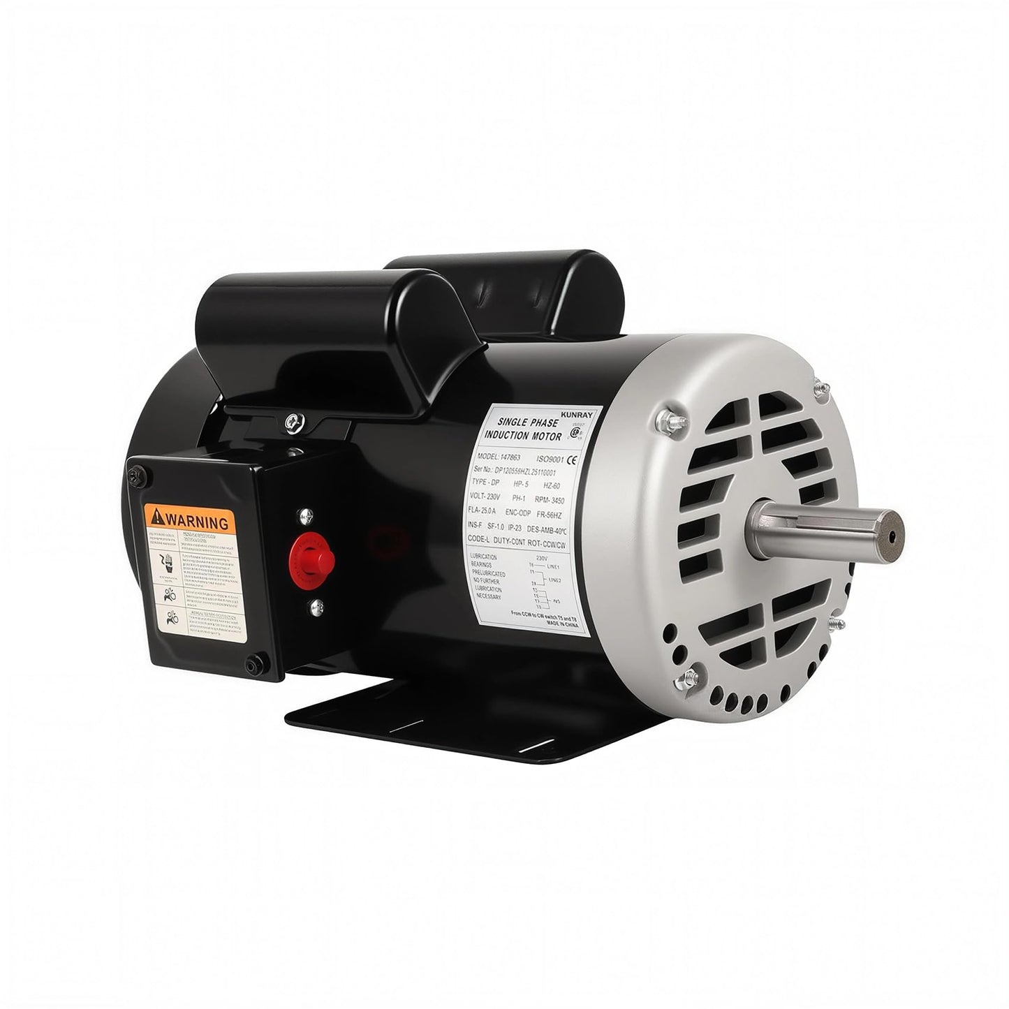 Kunray 5HP Air Compressor Electric Motor, 230V 25 Amps, 56HZ Frame 3450RPM, 7/8" Keyed Shaft, 2.25" Shaft Length, Single Phase, CCW/CW (Factory Setting is CCW)