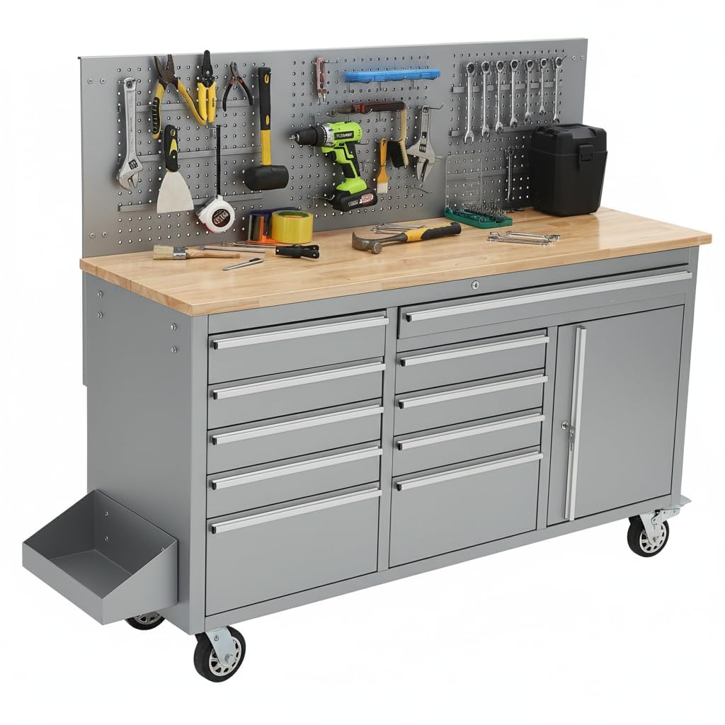 MilleLoom Tool Chest, 61 Inch Tool Box Mobile 9 Drawers Storage Rolling Cabinet with Wheels Lock Key Locking System Drawer Liners for Garage Warehouse Repair Shop, Sliver