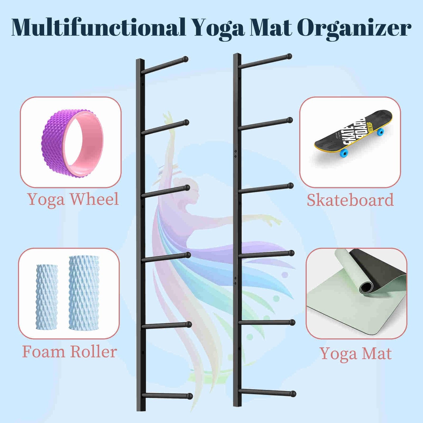 Kelmuis Yoga Mat Holder Wall Mount with 12 Straps, 6 Tier Metal Yoga Mat Storage Rack Home Gym Exercise Workout Equipment Organizer for Foam Roller Resistance Bands