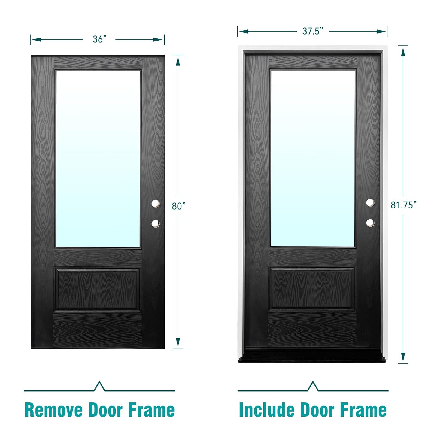 Black & White Dual Finish Fiberglass Entry Door, Prehung 36"x80" Exterior Door with 3/4 Lite Clear Glass, Brickmould & Trim Included, Left Hand Inswing