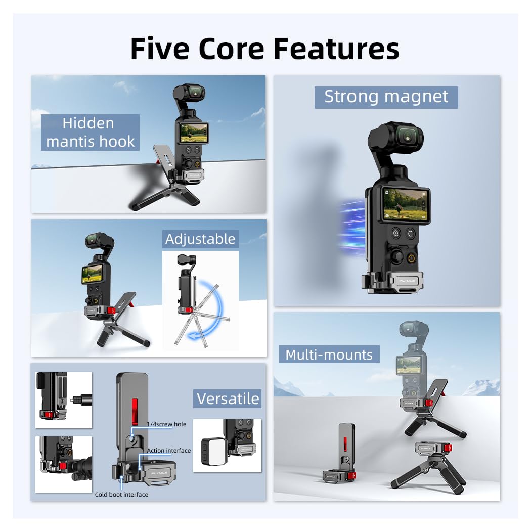 Magnetic Foldable Tripod for DJI Osmo Pocket 4/3 Accessories, Adjustable Aluminum Alloy Expansion Stand with Hidden Mantis Hook, Cold Shoe and 1/4" Screw Holes, Desktop Handheld Hanging Vlog Mount