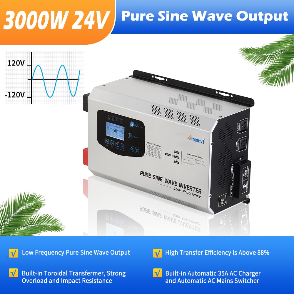 Ampinvt 3000W Peak 9000W Pure Sine Wave Inverter, DC 24V to 120V AC Output with Battery AC Charger,Low Frequency Power Inverter for Truck Boat Home, Support Sealed Gel AGM Flooded Lithium Battery