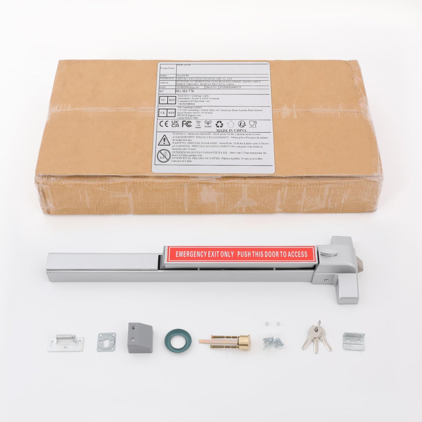 Commercial Door Push Bar Panic Exit Device, Adjustable Heavy-Duty Stainless Steel Emergency Exit Hardware with Exterior Lever & 2 Keys, Universal Vertical Rim Lock for Single Doors (Safety & Durable)