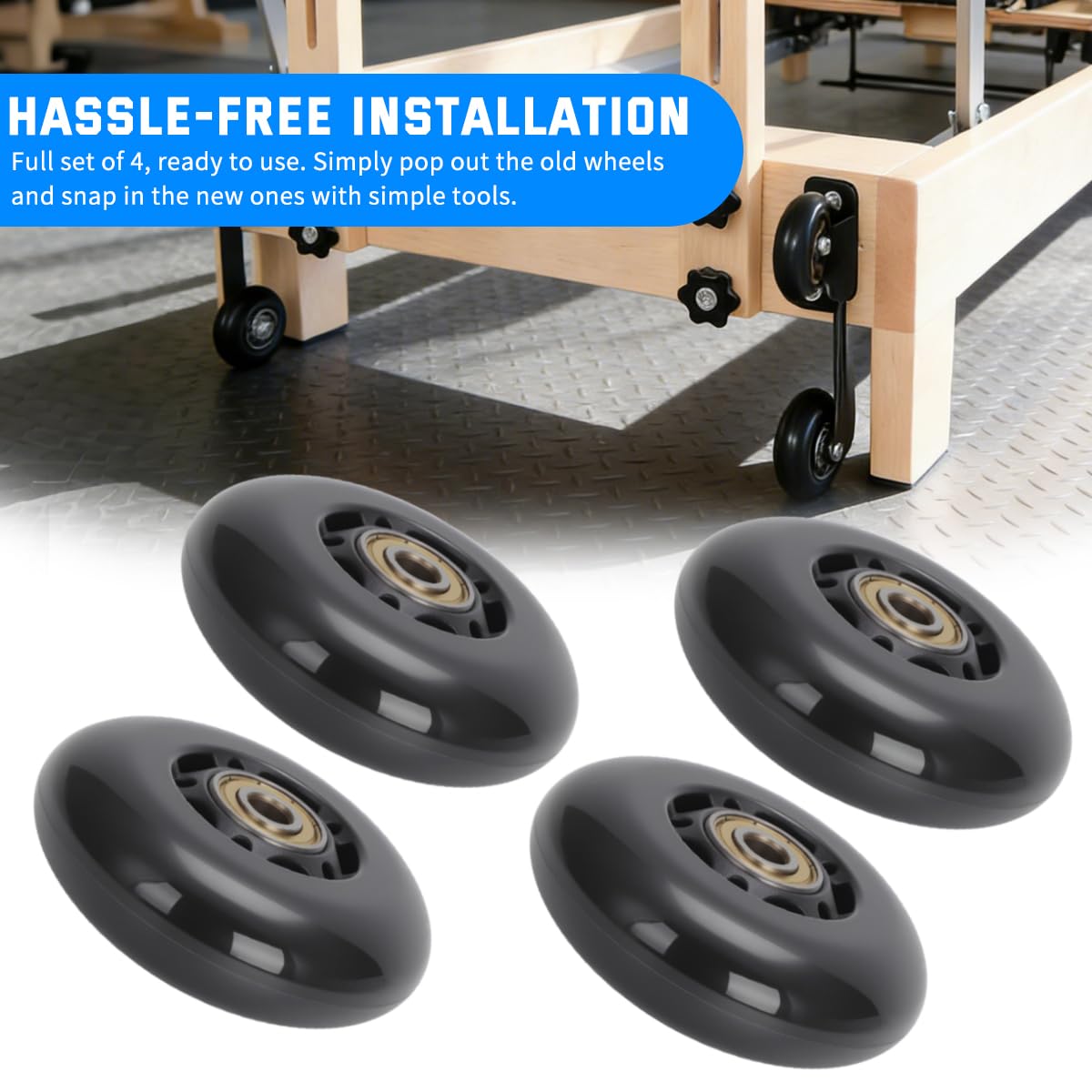 4PCS Silent Pilates Reformer Wheels PU Rollers Easy Installation, Black