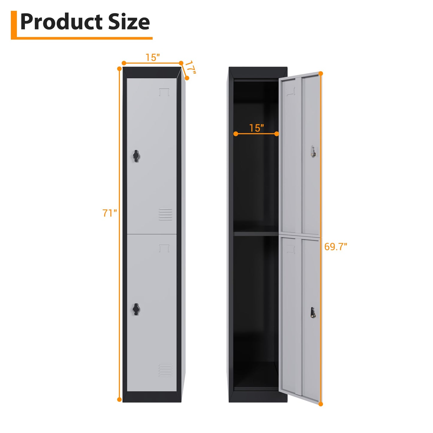 ExploreHorizon 72" Tall Metal Locker Cabinet with Lockable Doors & Keys, Employee Storage Organizer for School, Gym, Office, Home, Garage, Mudroom, Durable Steel Cabinet, Black - 2 Doors