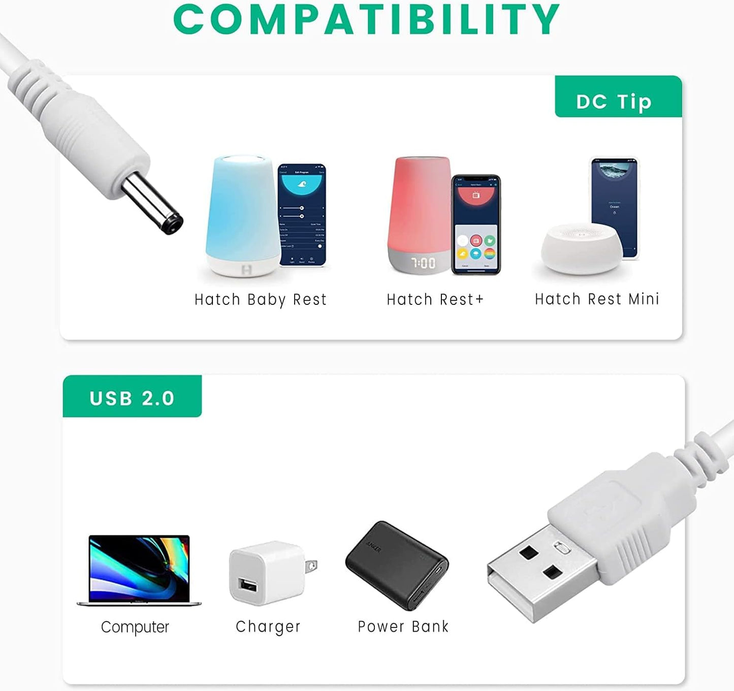 YEAOI 5ft, White(2-Pack) Power Cord Replacement for Hatch Baby Rest, Rest+ and Rest Mini Sound Machine, USB Charging