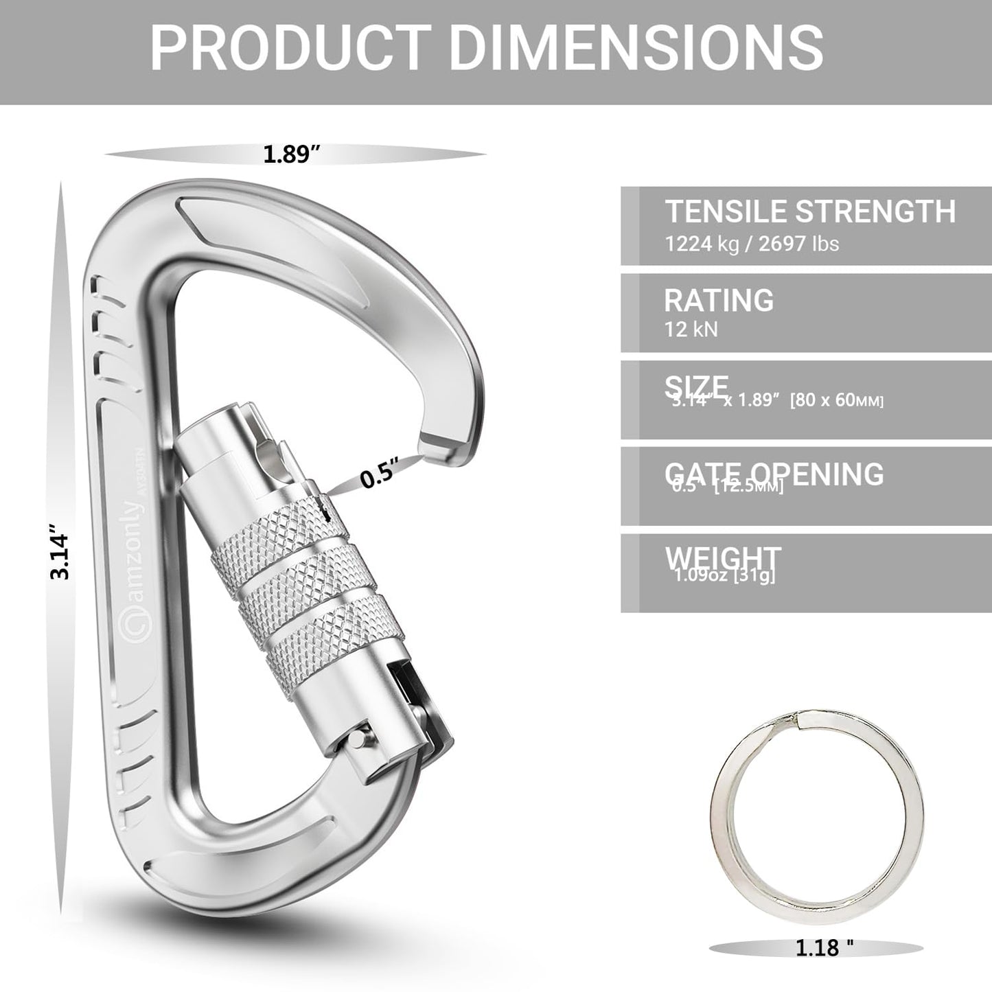 3inch Auto Locking Carabiner Clips Heavy Duty, 12KN /2697lbs Lightweight keychain carabiners, Sturdy Twist Lock Caribeeners for Camping Hiking Hammock Swing Backpack, dog leash and Harness etc, Sliver