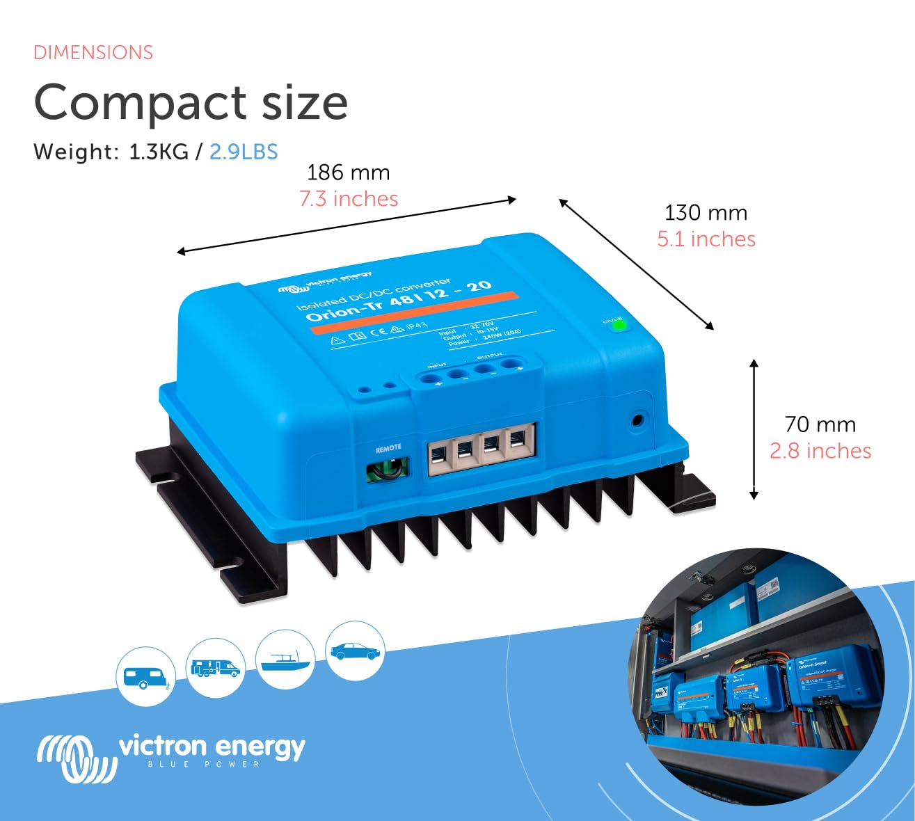 Victron Energy Orion-Tr DC to DC Converter - 48/12-Volt 20 amp 240-Watt - IP43 Protected - for Dual Battery Systems - Isolated